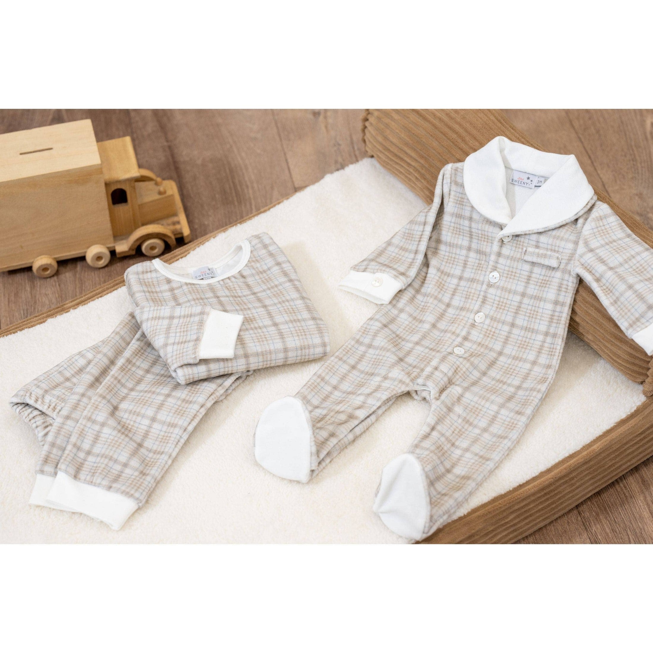 Plaid Beige One-Piece with Shawl Collar