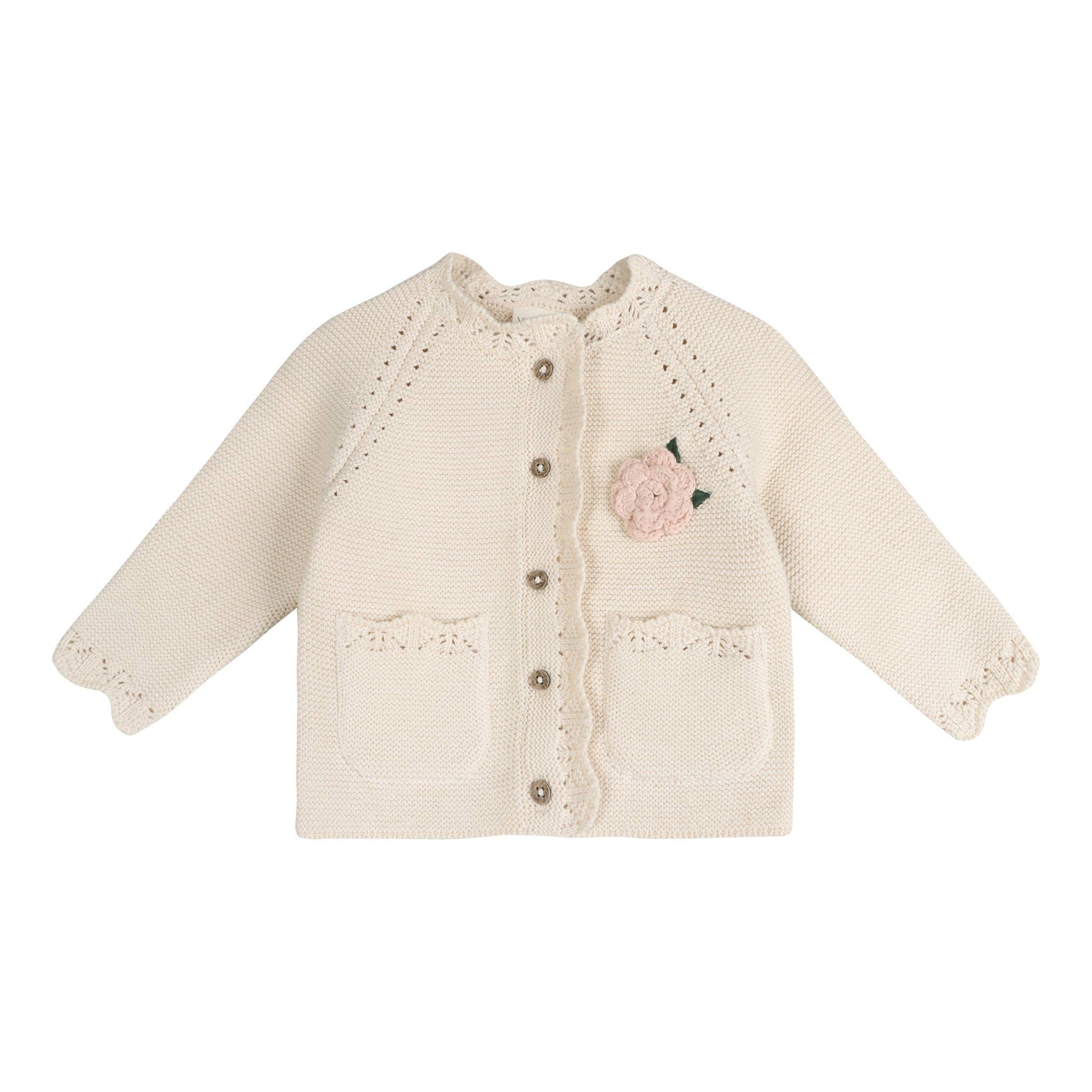 Anna Crochet Flower Knit Baby Cardigan (Organic Cotton): Ecru / 6-12M