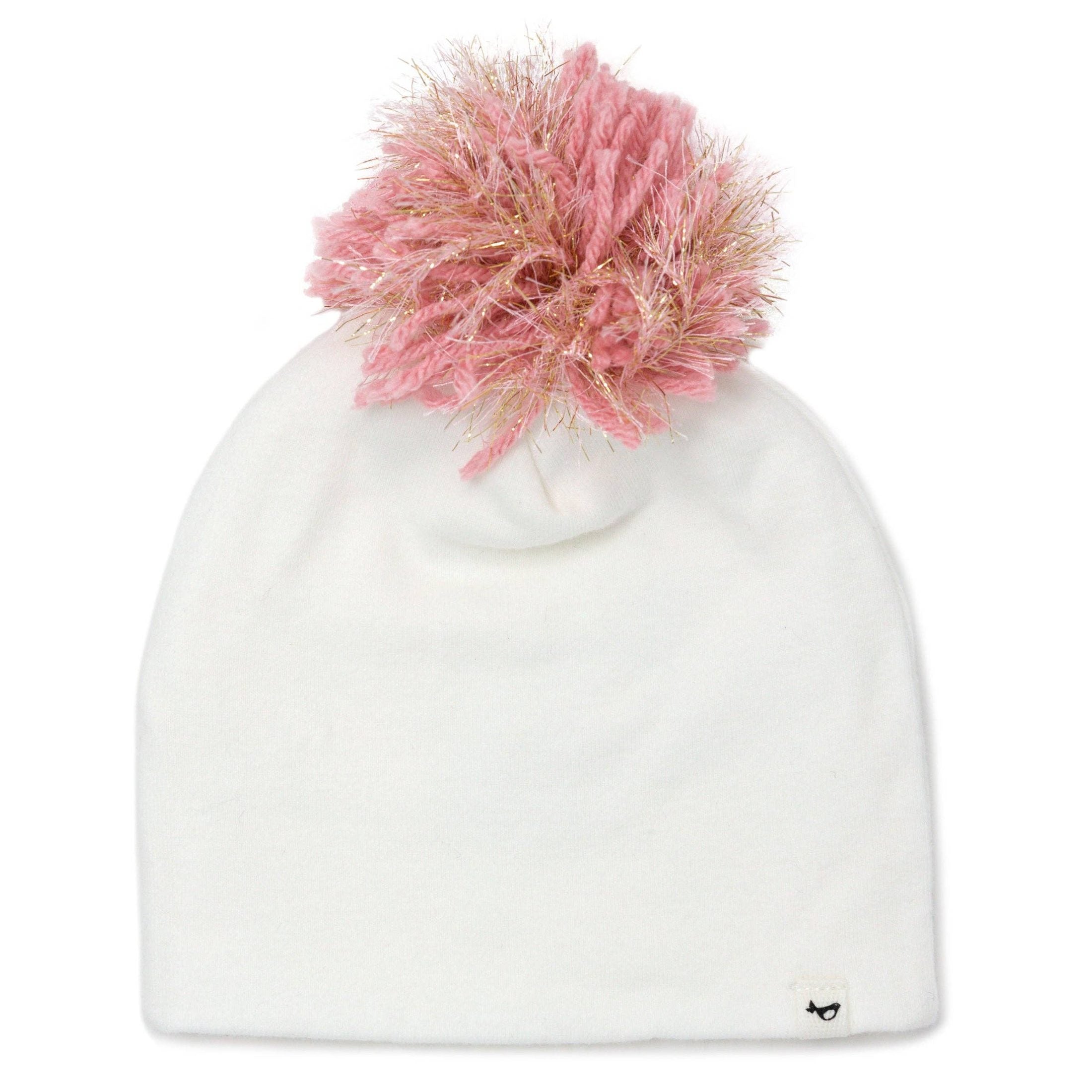 White Knit Beanie with Sparkly Pink Pom