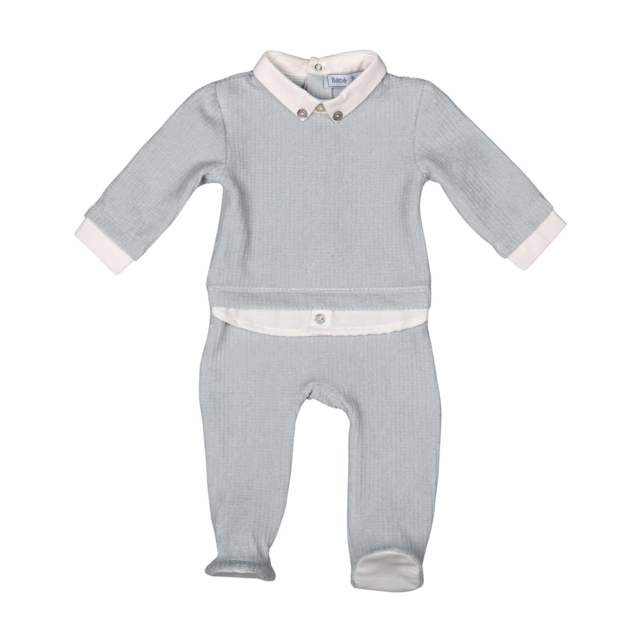 Baby Boy Blue & Ivory Velour Babygrow One-Piece Outfit with Collar Detail