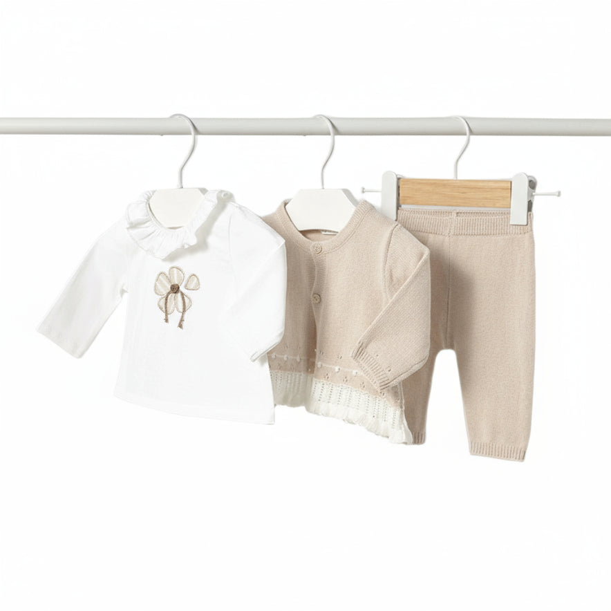 Baby Girls 3 Piece Trousers Set - Beige and White