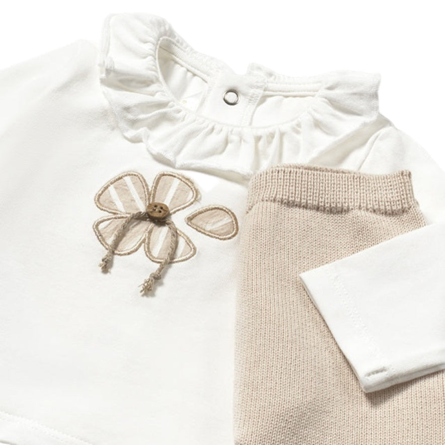 Baby Girls 3 Piece Trousers Set - Beige and White
