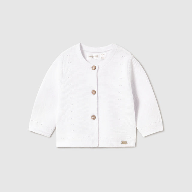 Baby Girl White Knit Cardigan with Pointelle Detail