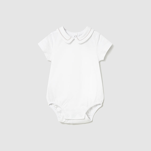 Infant White Polo Bodysuit with Scalloped Pink Stitching