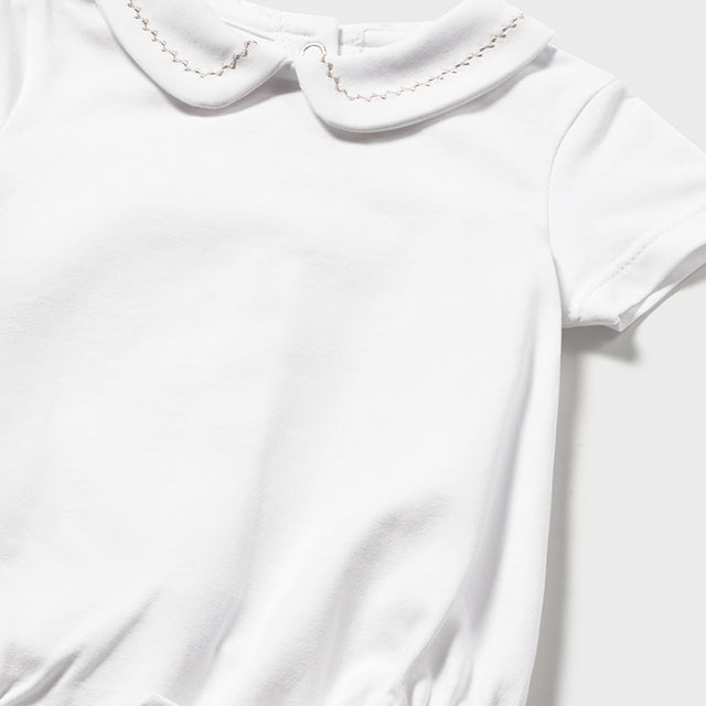 Infant White Polo Bodysuit with Scalloped Pink Stitching