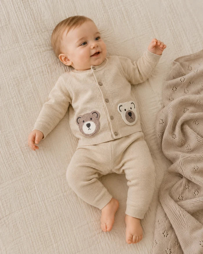 Cozy Bear Applique Knit Baby Cardigan & Pant Set (Organic Cotton)