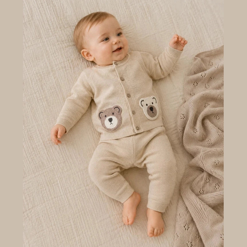 Cozy Bear Applique Knit Baby Cardigan & Pant Set (Organic Cotton)