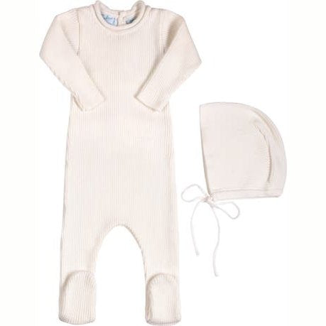 Ivory Rolled Collar Rib Knit Footie & Bonnet Set