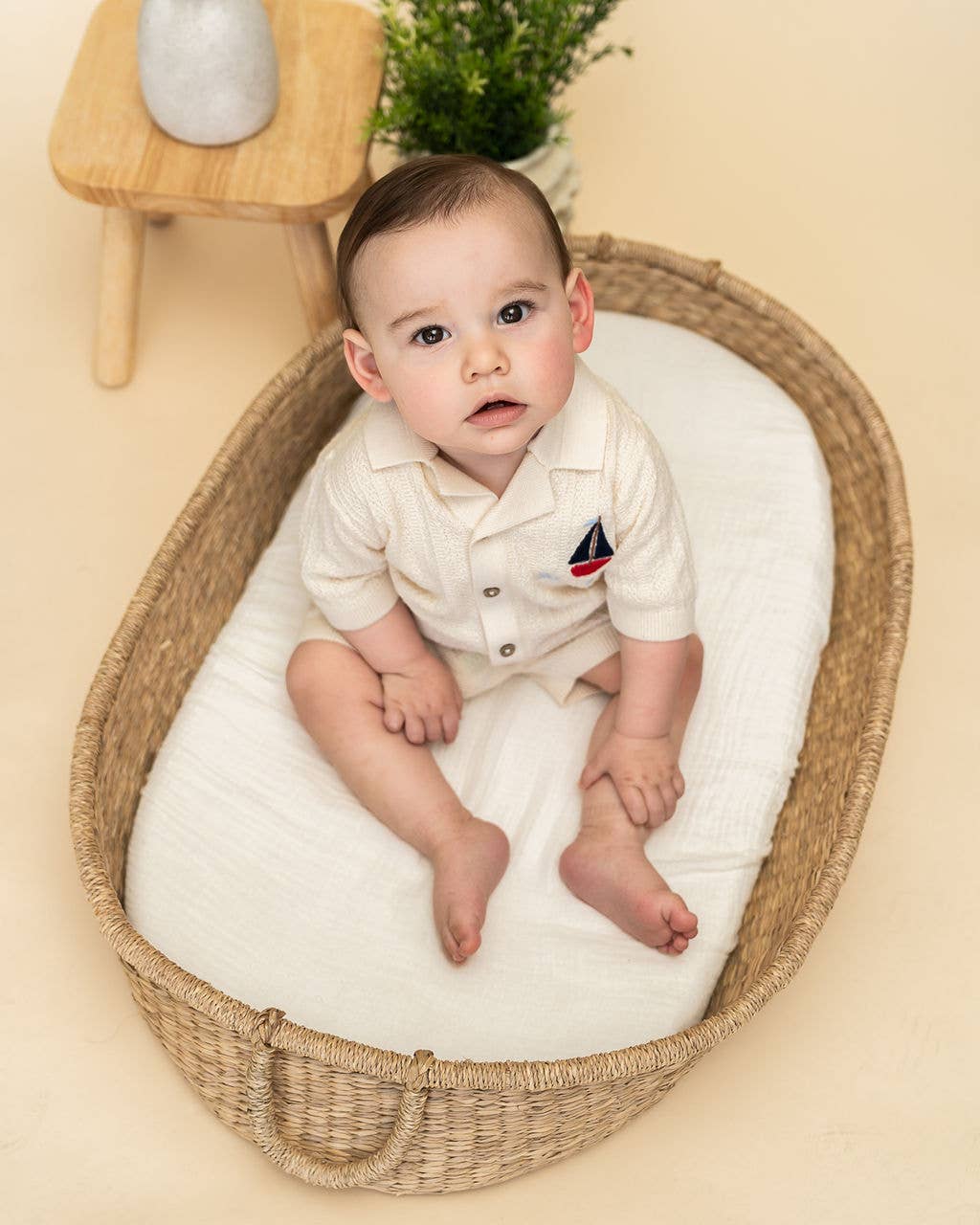 Sailboat Embroidered Baby Shirt & Shorts Set (Organic): Natural / 3-6M