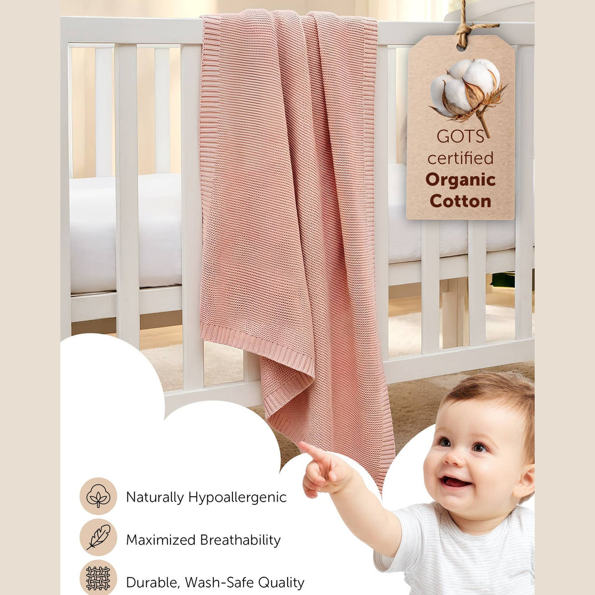 Cream Soft Cotton Bubble Knit Baby Stroller Blanket