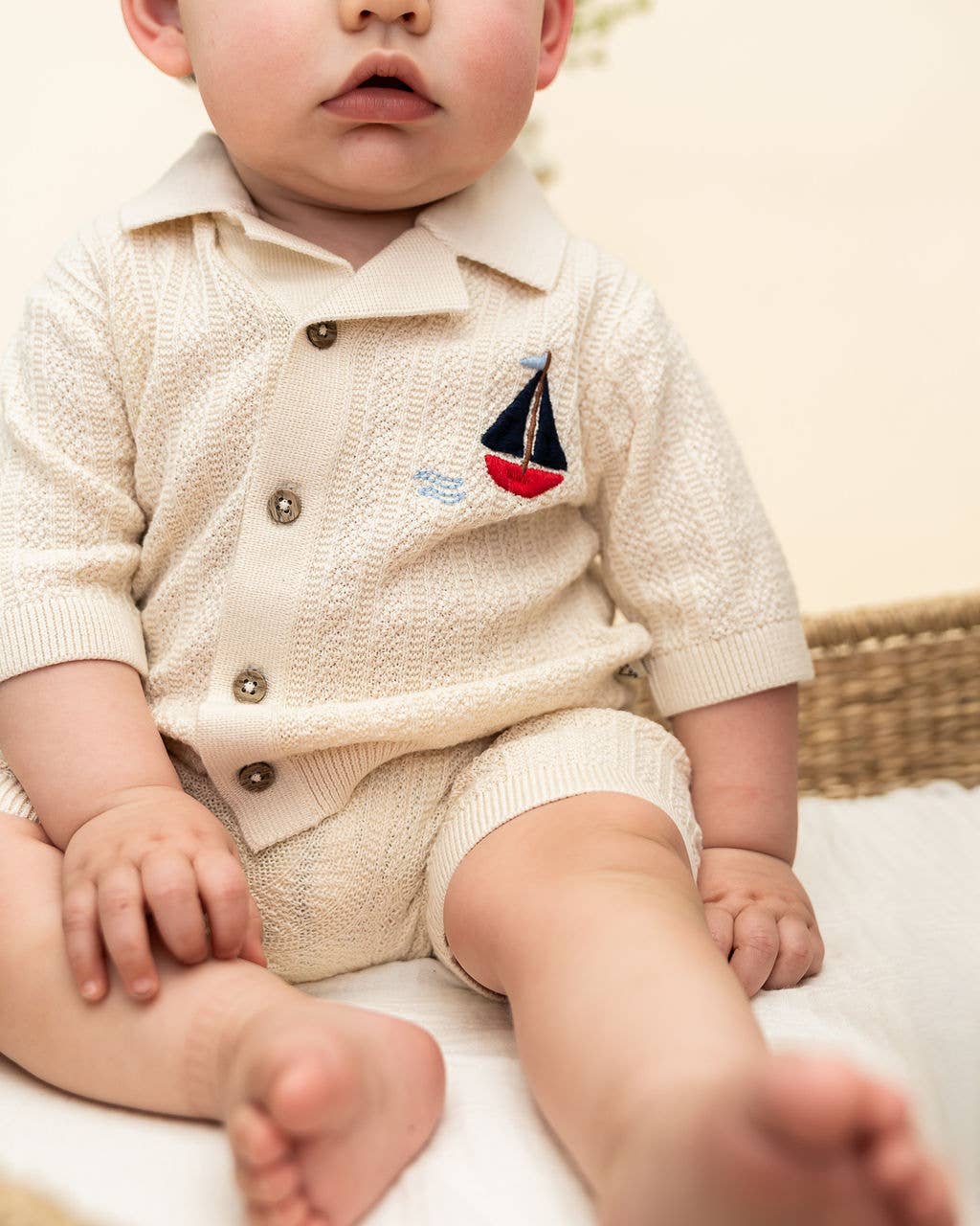 Sailboat Embroidered Baby Shirt & Shorts Set (Organic): Natural / 3-6M
