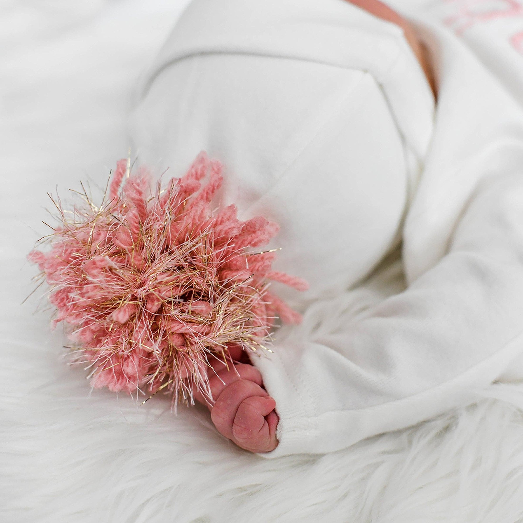 White Knit Beanie with Sparkly Pink Pom