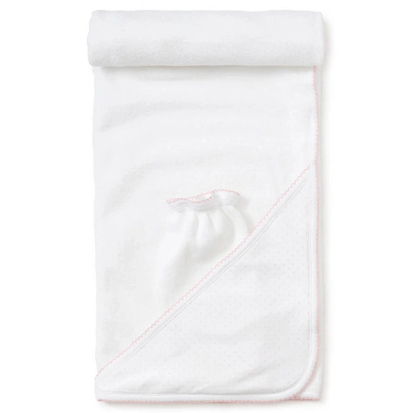 White/Pink New Kissy Dots Hooded Towel & Mitt Set