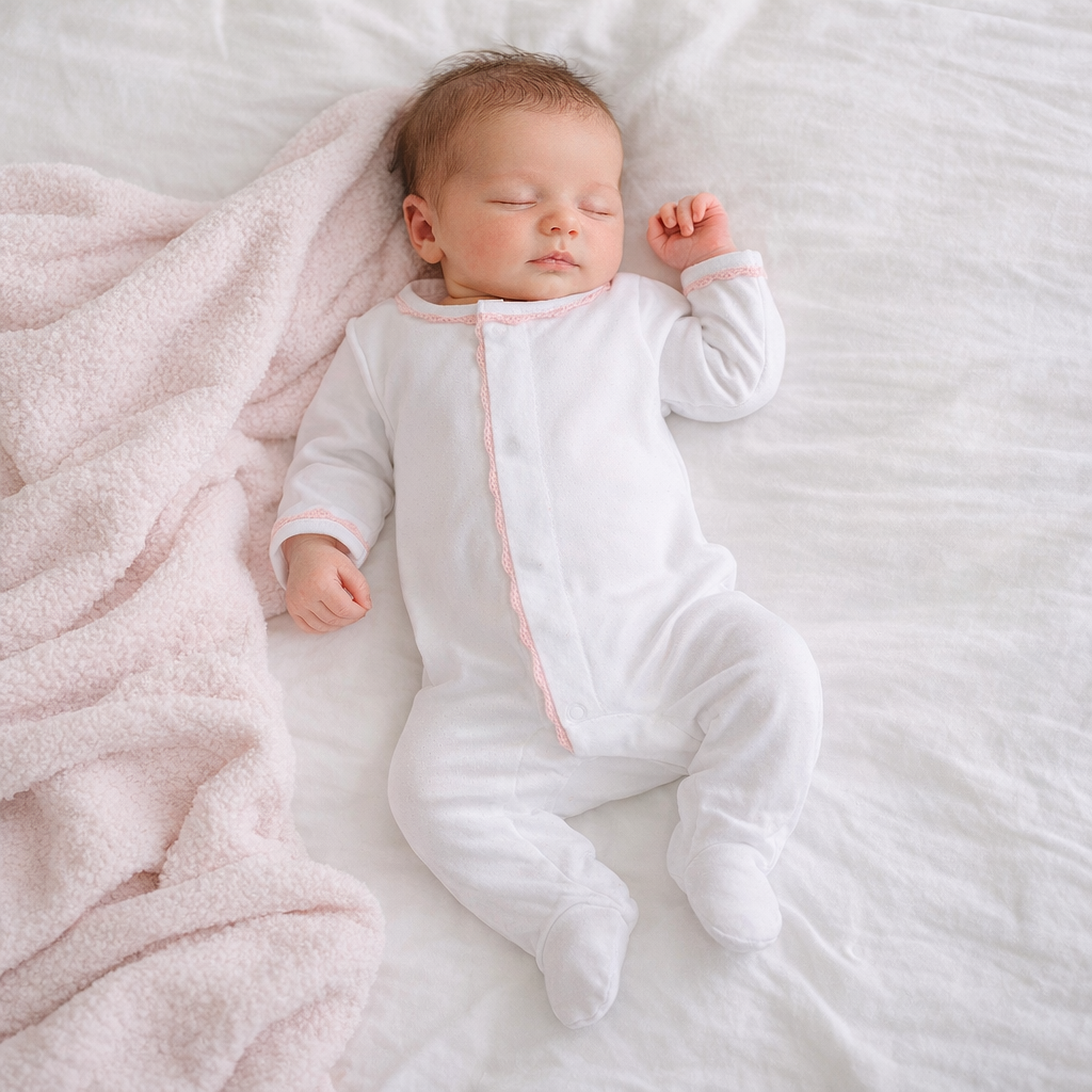 Baby Joy Footie with Pink Crochet Trim: Preemie