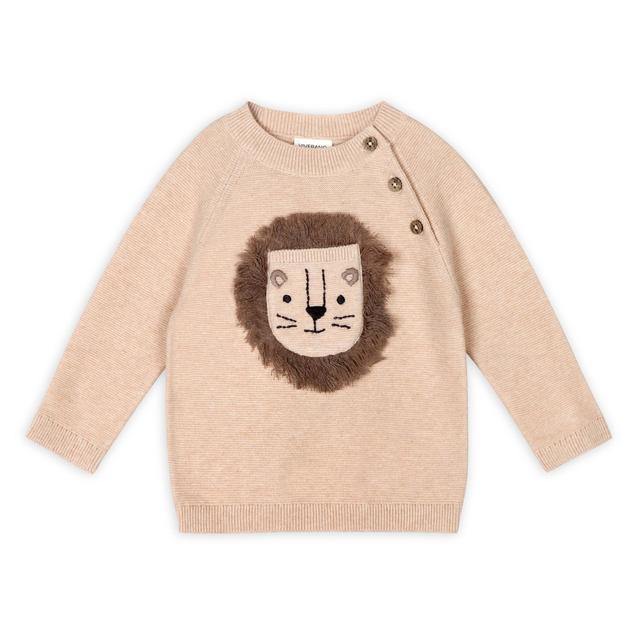 Lion Appliqué Oat Knit Baby Sweater and Pants Set