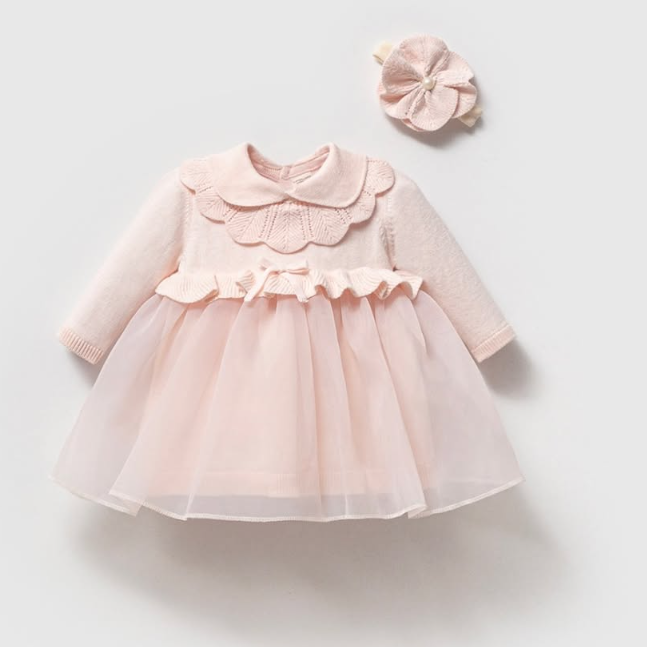 2-Piece Baby Girl Dress Set – Knit & Tulle Dress with Headband