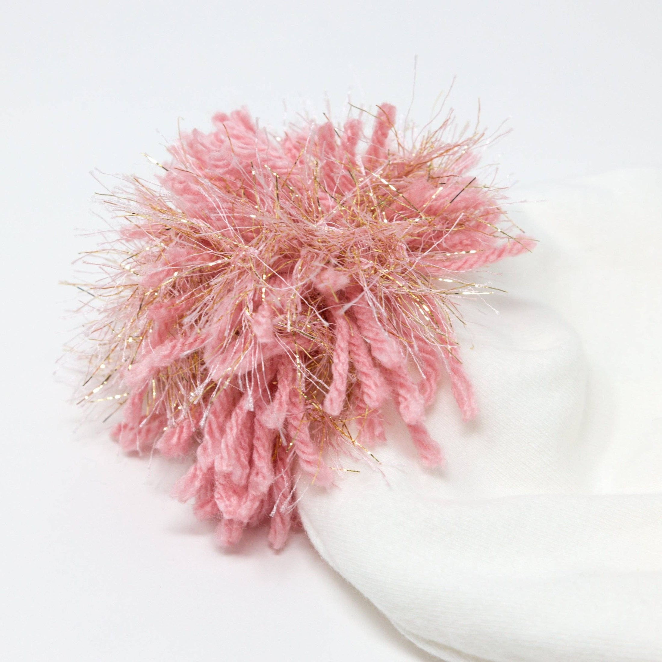 White Knit Beanie with Sparkly Pink Pom
