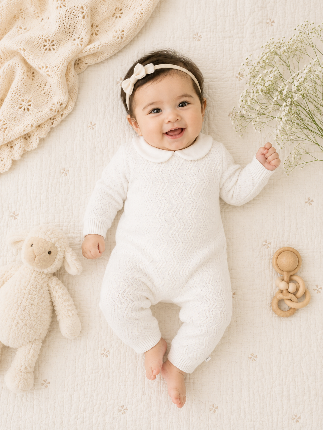 Dove White Knit Peter Pan Chevron Baby Jumpsuit (Organic): Dove Whte / 6-12