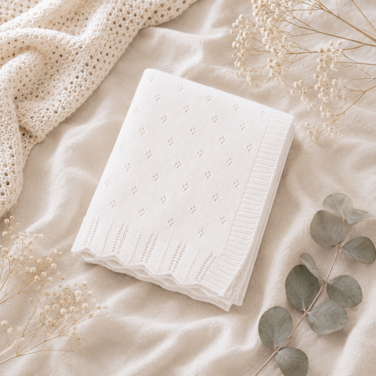 Dove White Classic Pointelle Knit Baby Blanket