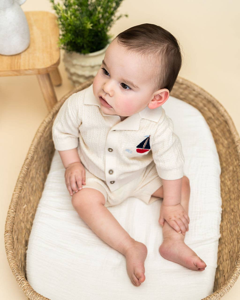 Sailboat Embroidered Baby Shirt & Shorts Set (Organic): Natural / 3-6M