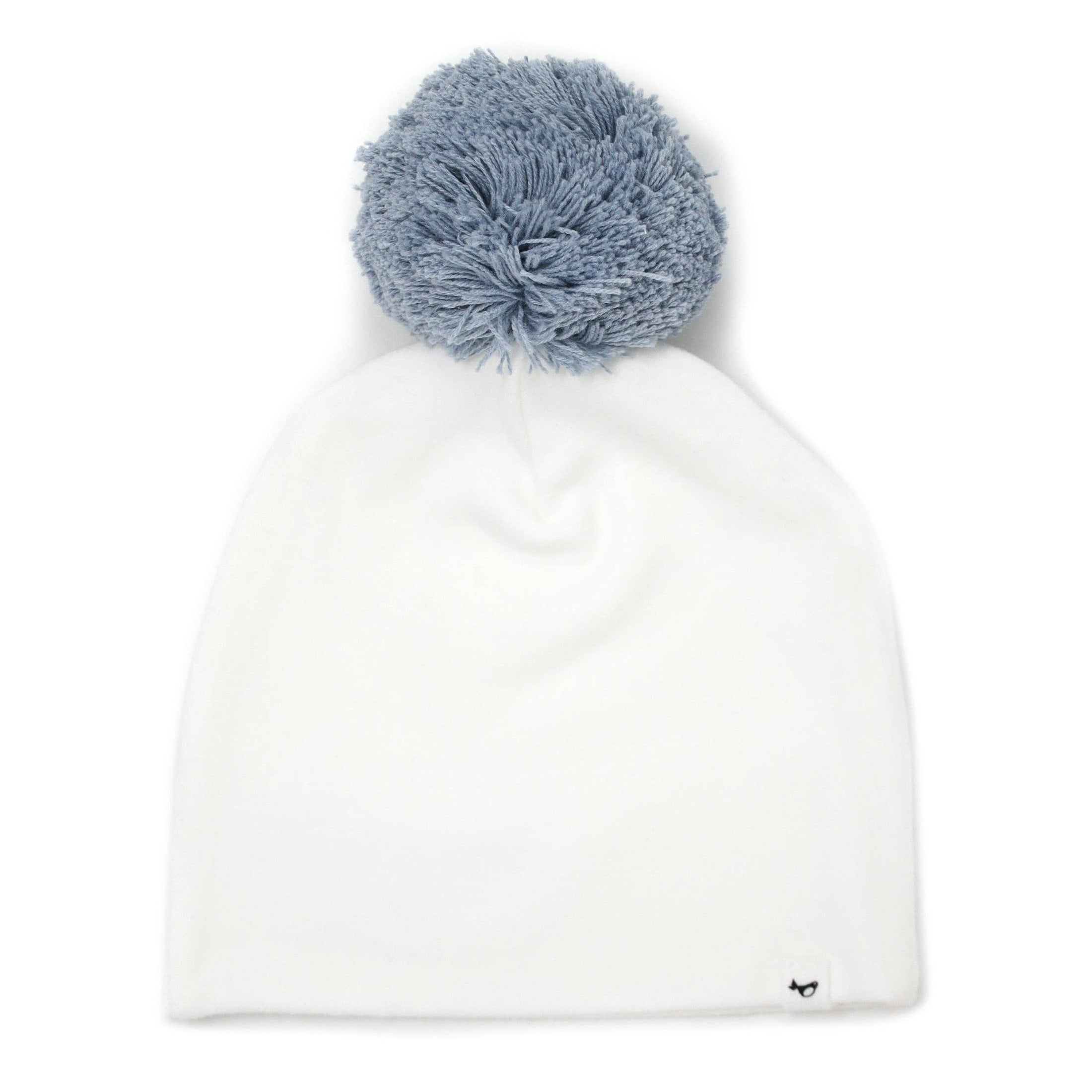 White Newborn Hat with Blue Pom-Pom
