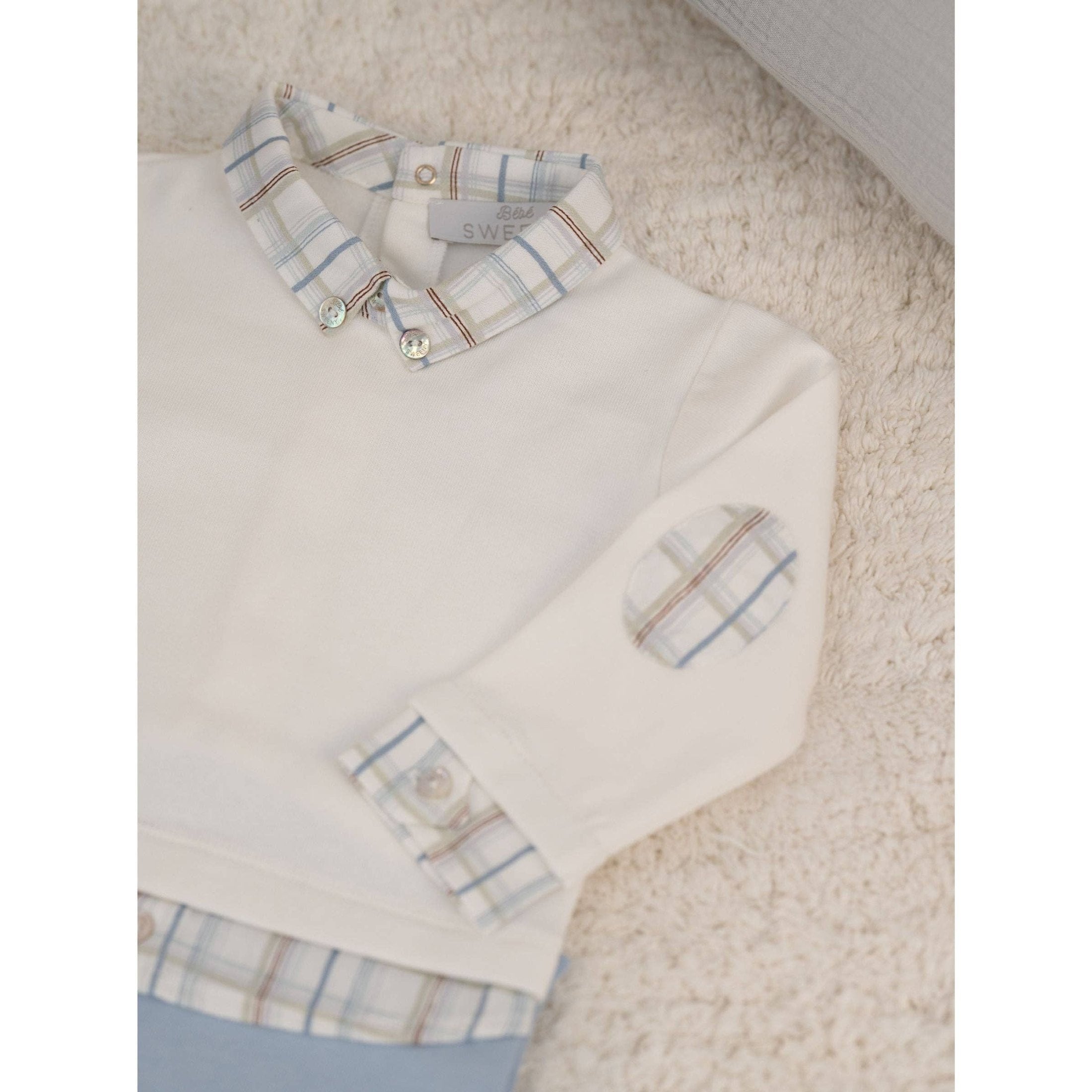 Baby Boy White & Blue Outfit Cotton Babygrow with Formal Collar and Footed Legs