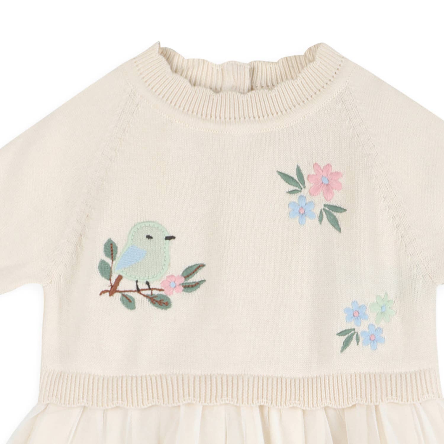 Natural Bird Floral Embroidered Tutu Knit Baby Dress