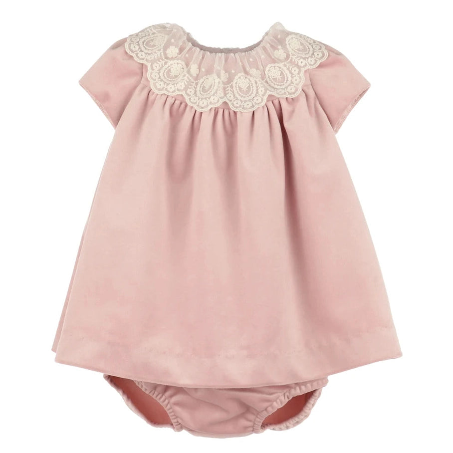 Luli & Me Girls Deluxe Velvet Float Dress - Lace Collar - Rose Pink