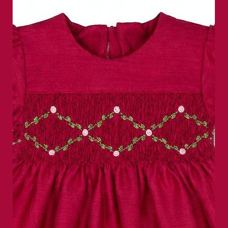 Red Smocked Floral Embroidered Dress with Puff Sleeves