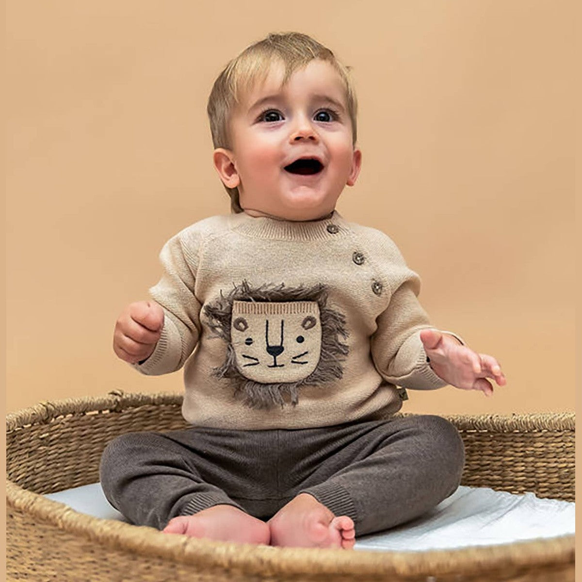 Lion Appliqué Oat Knit Baby Sweater and Pants Set