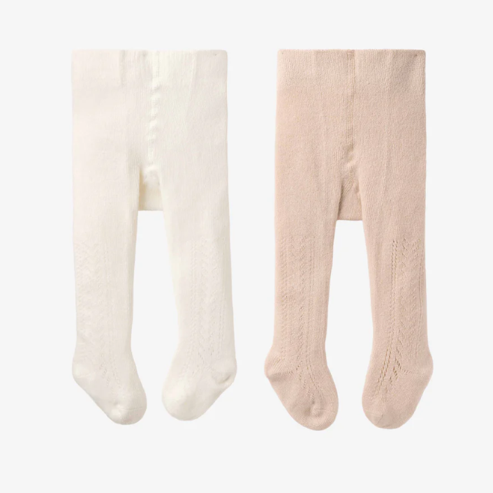 Taupe/White Pointelle Tight Set - 2PK