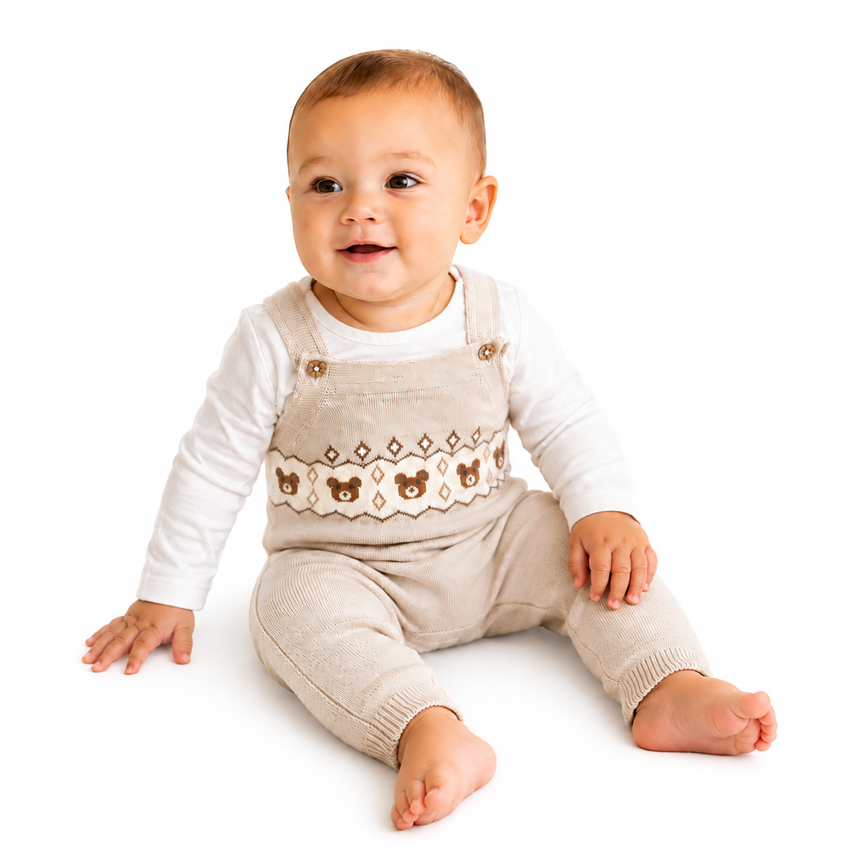 Bear Fair Isle Knit Baby Overall Set – Stone