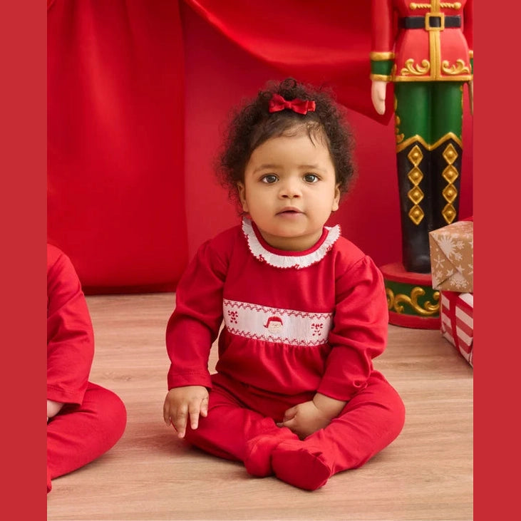 Holiday Medley Hand Smocked Santa Ruffle Footie