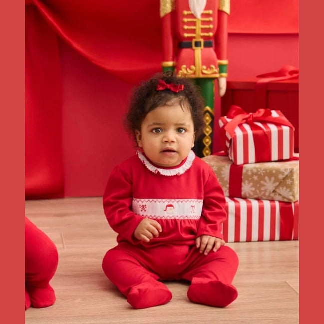 Holiday Medley Hand Smocked Santa Ruffle Footie
