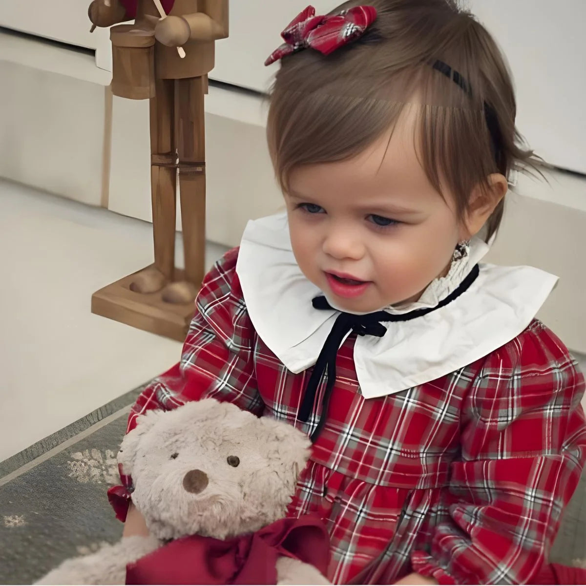 Christmas Red Plaid Dress with Collar & Bloomer