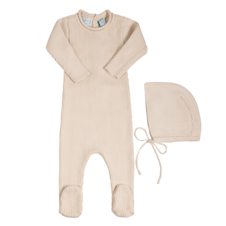 Beige Rolled Collar Rib Knit Footie & Bonnet Set