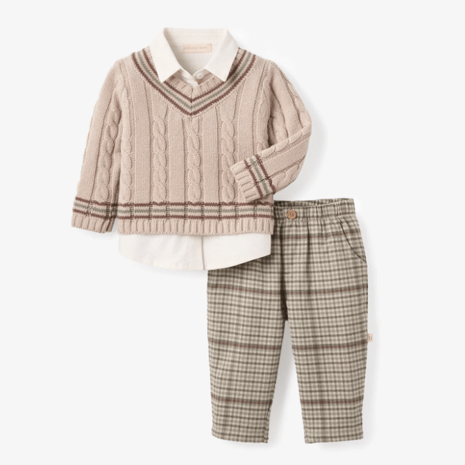 Taupe Varsity Sweater + Plaid Pants Set