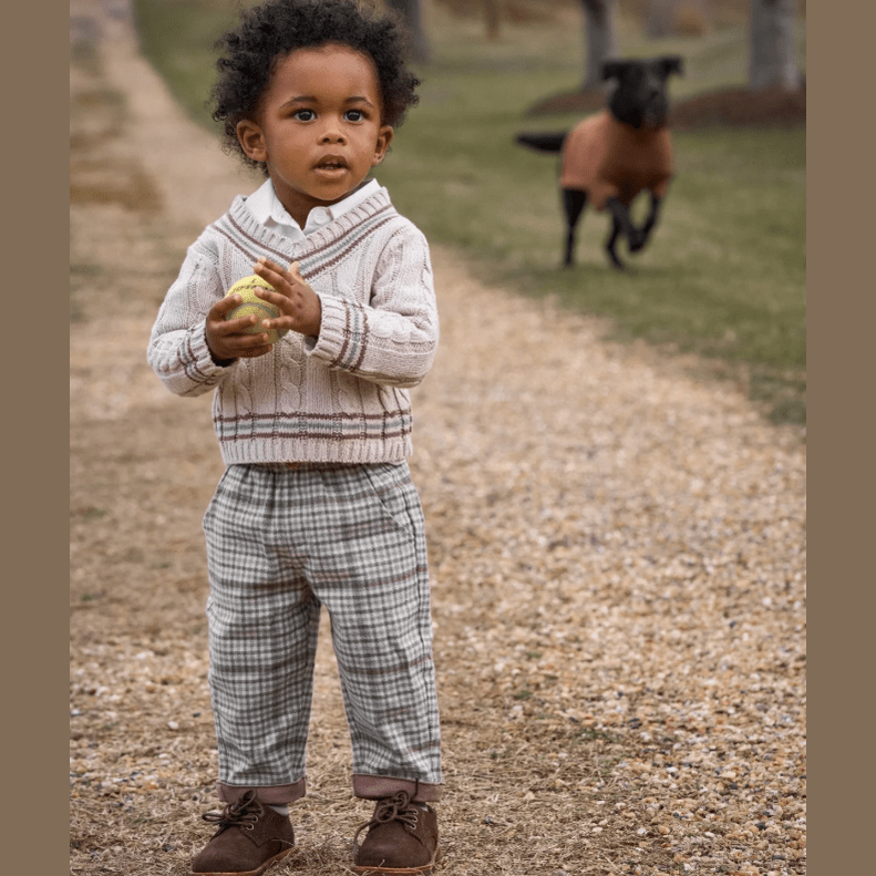 Taupe Varsity Sweater + Plaid Pants Set