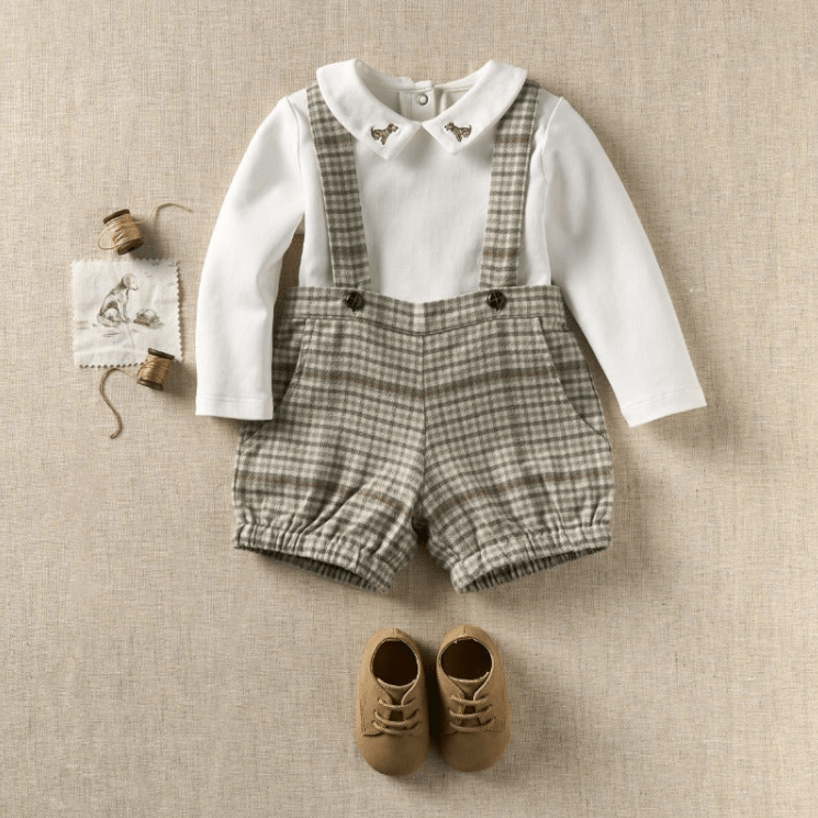 Embroidered Bodysuit + Heritage Plaid Suspender Shorts