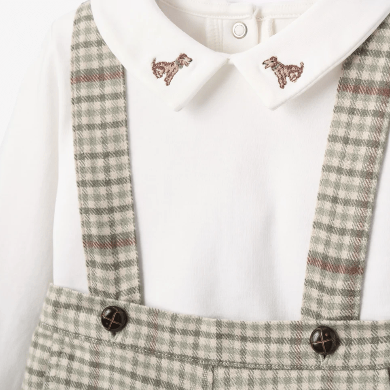 Embroidered Bodysuit + Heritage Plaid Suspender Shorts
