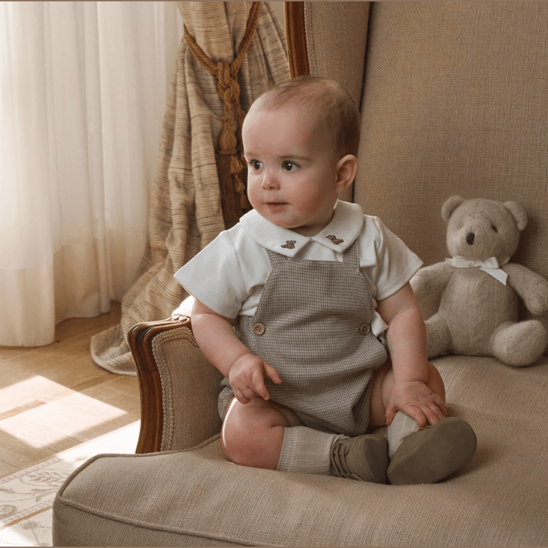 Teddy Bear Embroidered Houndstooth Overall Bubble