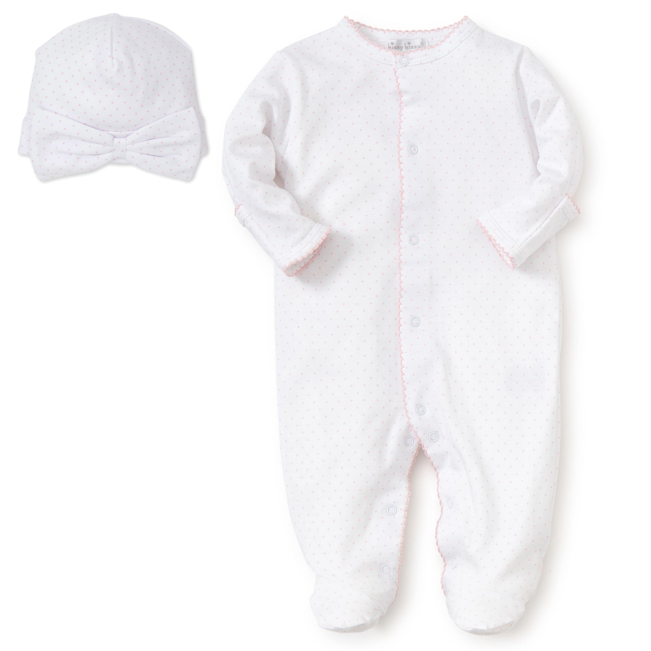 New Kissy Dots Print Footie and Hat Set Pink
