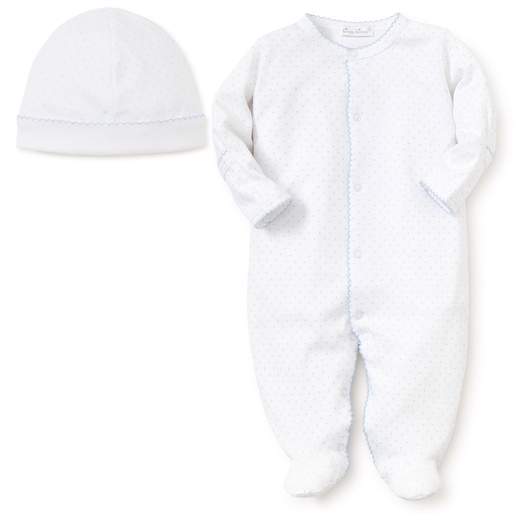 New Kissy Dots Print Footie and Hat Set Blue