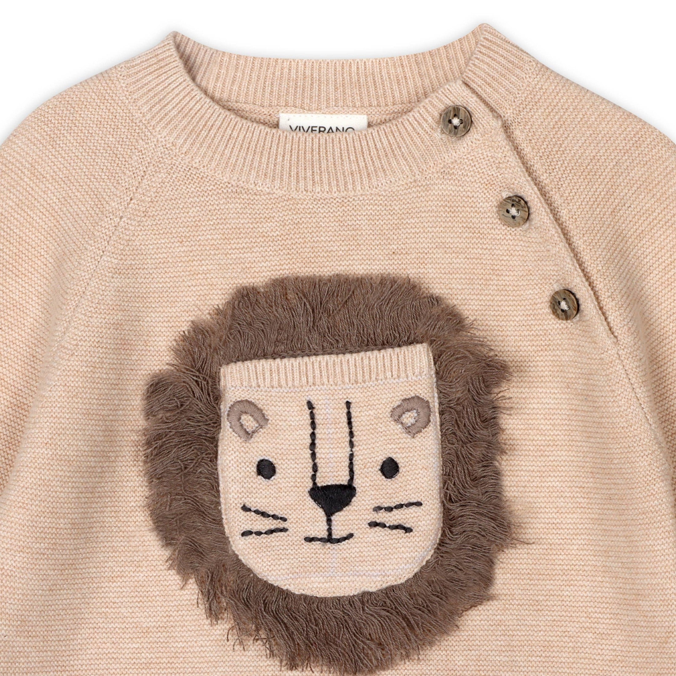 Lion Appliqué Oat Knit Baby Sweater and Pants Set