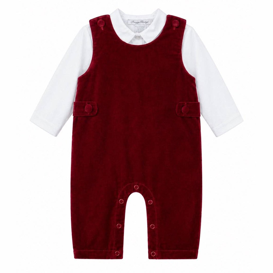 Red Velvet Corduroy Overall Romper Set with White Shirt