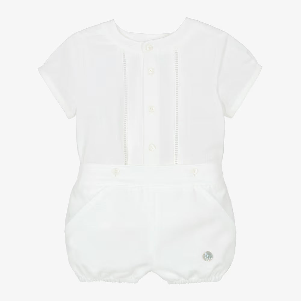 Baby Boy White Shortie Romper Set with Ladder Lace Trim