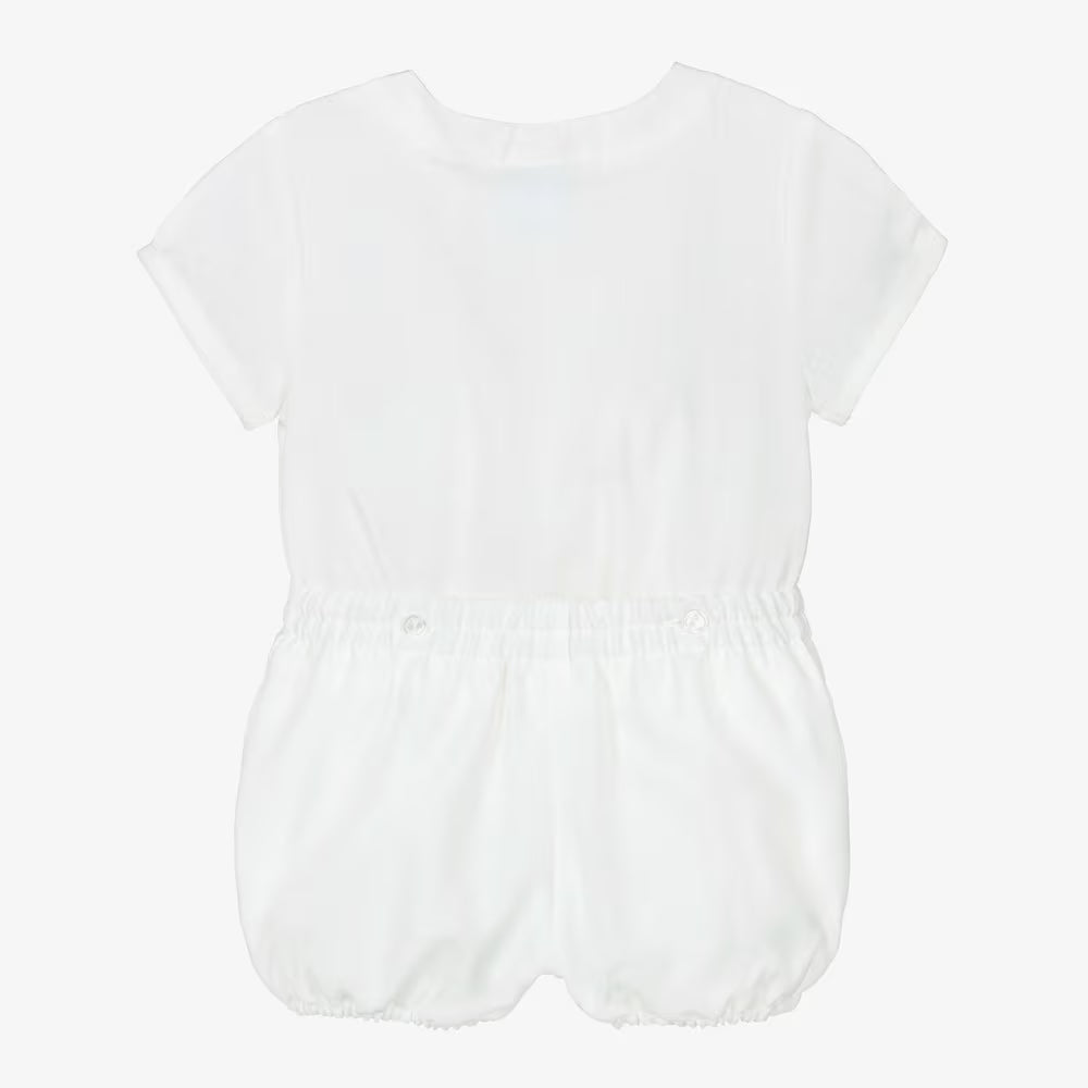 Baby Boy White Shortie Romper Set with Ladder Lace Trim