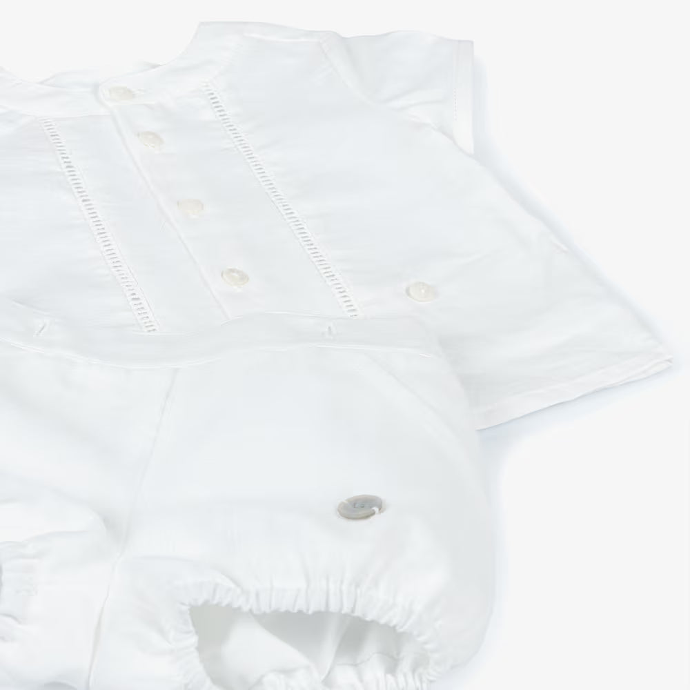 Baby Boy White Shortie Romper Set with Ladder Lace Trim