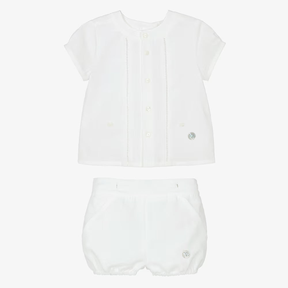Baby Boy White Shortie Romper Set with Ladder Lace Trim
