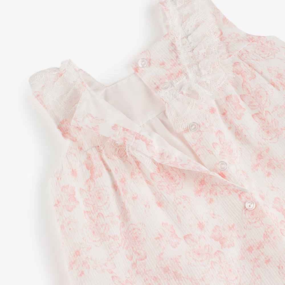 Pink Cotton Floral Dress Set with Lace Trims